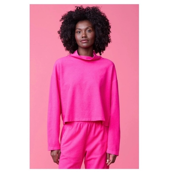 Monrow Fuzzy High Neck Cropped Sweater in Pink- XS,S - Picture 1 of 5